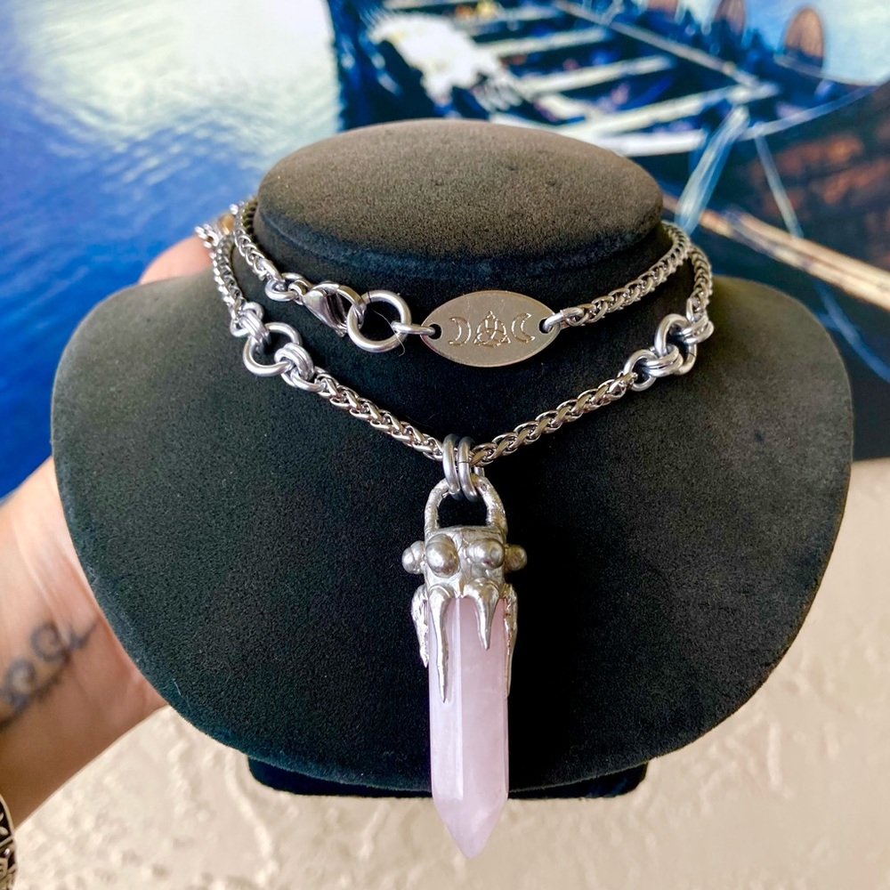 Natural Rose quartz crystal gemstone boho goth stone  charm necklace - Picture 10 of 14